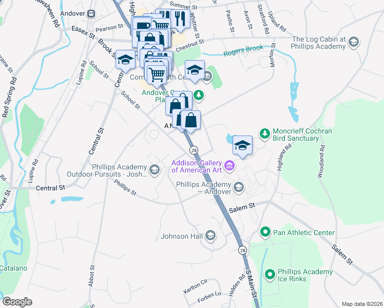 map of restaurants, bars, coffee shops, grocery stores, and more near 157 Main Street in Andover