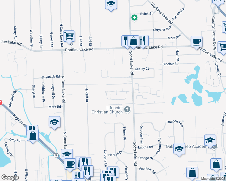 map of restaurants, bars, coffee shops, grocery stores, and more near 3162 Hidden Ridge Drive in Waterford Township