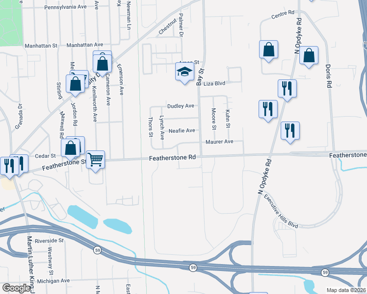 map of restaurants, bars, coffee shops, grocery stores, and more near 1172 Maurer Avenue in Pontiac