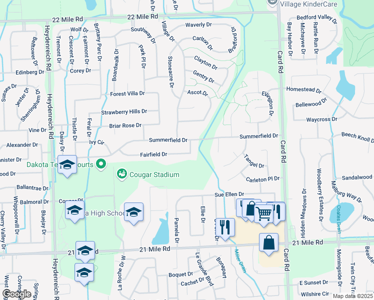 map of restaurants, bars, coffee shops, grocery stores, and more near 21373 Fairfield Drive in Macomb