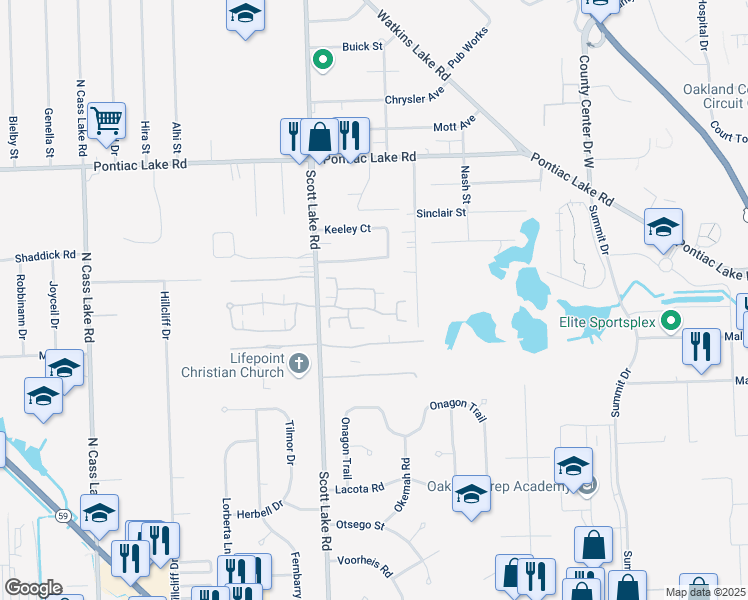 map of restaurants, bars, coffee shops, grocery stores, and more near 734 Amberly Drive in Waterford Township