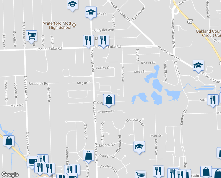 map of restaurants, bars, coffee shops, grocery stores, and more near 734 Amberly Drive in Waterford Township