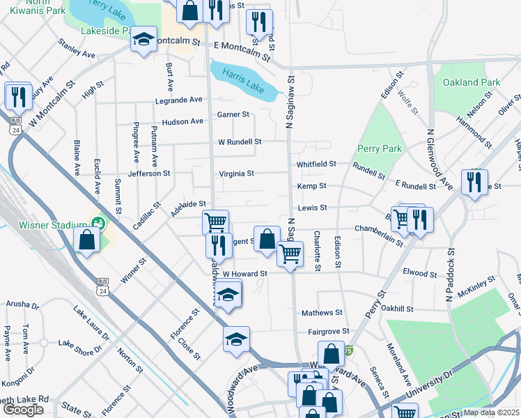map of restaurants, bars, coffee shops, grocery stores, and more near 53 Poplar Avenue in Pontiac