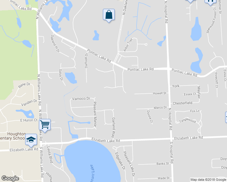 map of restaurants, bars, coffee shops, grocery stores, and more near 7429 Pine Creek Trail in Waterford Township