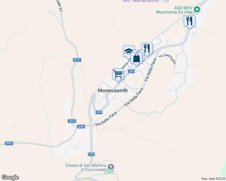 map of restaurants, bars, coffee shops, grocery stores, and more near 23 Via Giuseppe Verdi in Montecastrilli