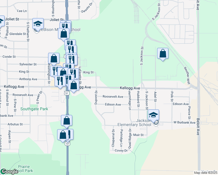 map of restaurants, bars, coffee shops, grocery stores, and more near 705 Kellogg Avenue in Janesville