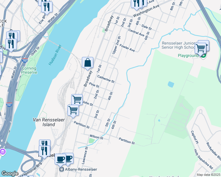 map of restaurants, bars, coffee shops, grocery stores, and more near 57 Pine Street in Rensselaer