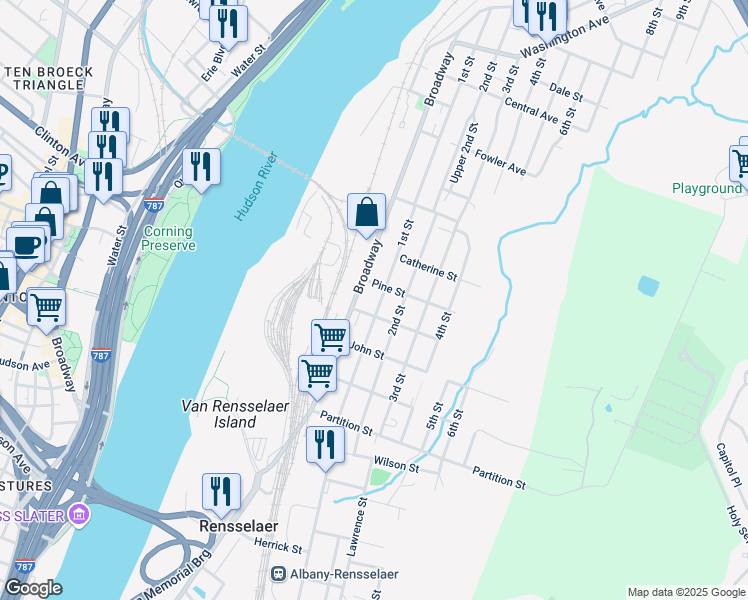 map of restaurants, bars, coffee shops, grocery stores, and more near 1105 1st Street in Rensselaer