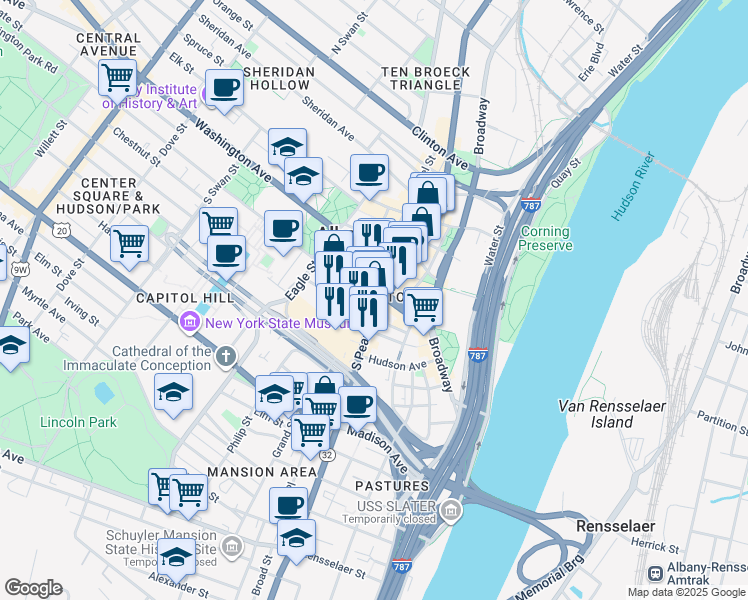 map of restaurants, bars, coffee shops, grocery stores, and more near in Albany