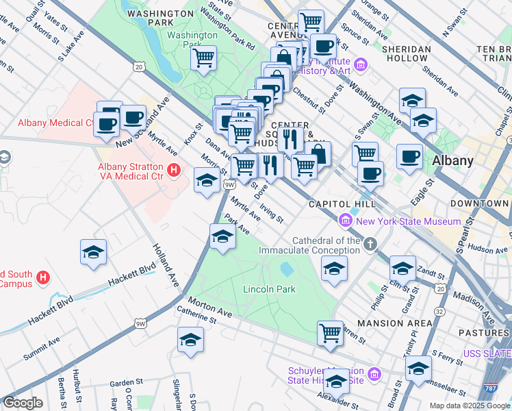 map of restaurants, bars, coffee shops, grocery stores, and more near 146 Dove Street in Albany