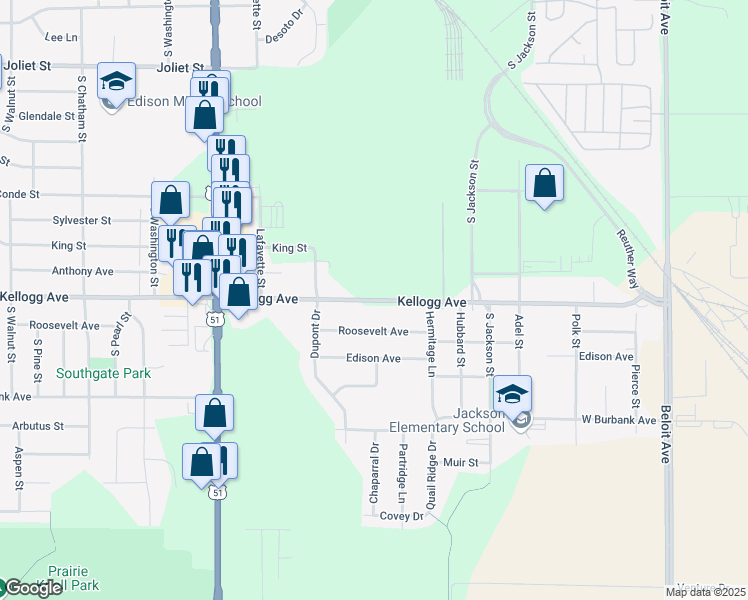 map of restaurants, bars, coffee shops, grocery stores, and more near 705 Kellogg Avenue in Janesville