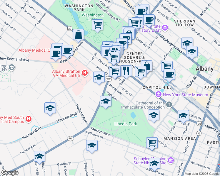 map of restaurants, bars, coffee shops, grocery stores, and more near 56 Delaware Avenue in Albany