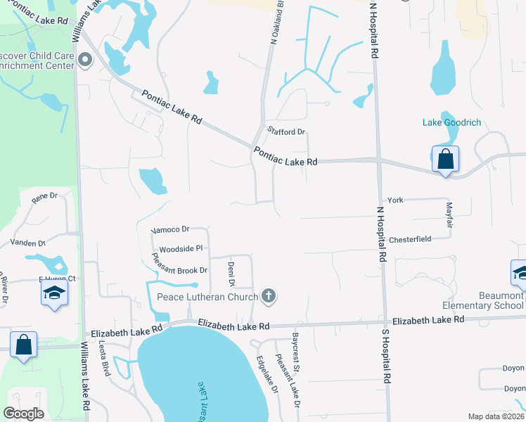map of restaurants, bars, coffee shops, grocery stores, and more near 7429 Pine Creek Trail in Waterford Township