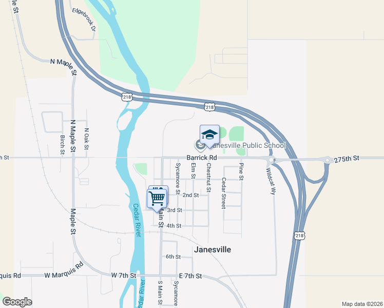 map of restaurants, bars, coffee shops, grocery stores, and more near 505 Barrick Road in Janesville