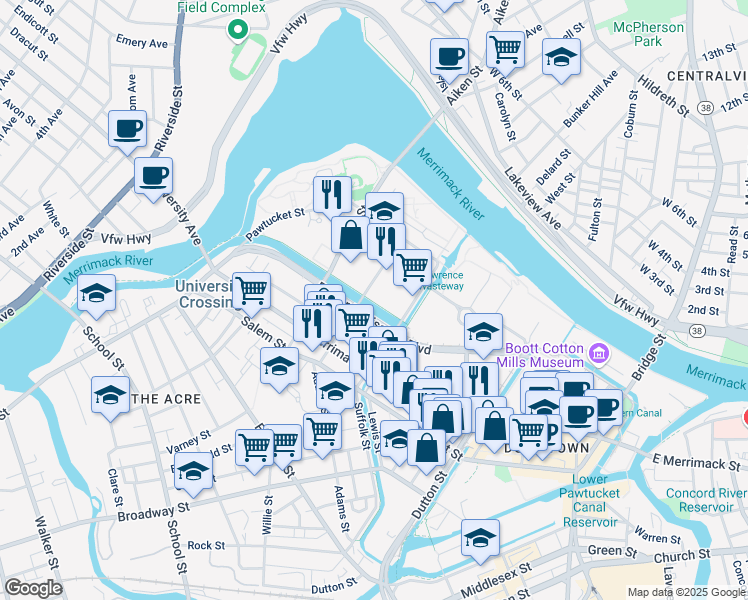 map of restaurants, bars, coffee shops, grocery stores, and more near 360 Father Morissette Boulevard in Lowell