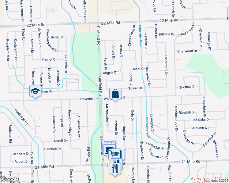 map of restaurants, bars, coffee shops, grocery stores, and more near 16797 White Plains Drive in Macomb
