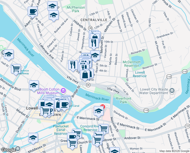 map of restaurants, bars, coffee shops, grocery stores, and more near 40 2nd Street in Lowell