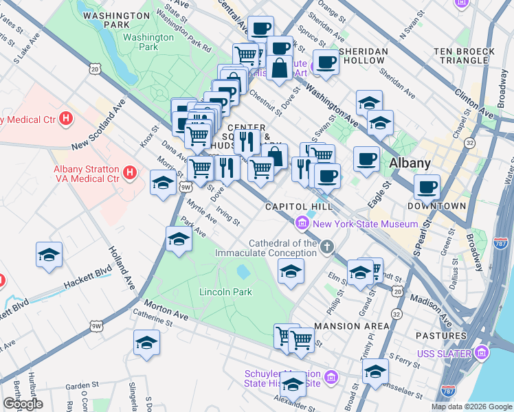 map of restaurants, bars, coffee shops, grocery stores, and more near in Albany
