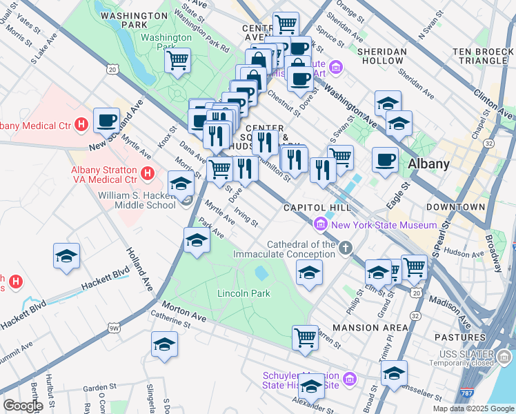 map of restaurants, bars, coffee shops, grocery stores, and more near 208 Elm Street in Albany