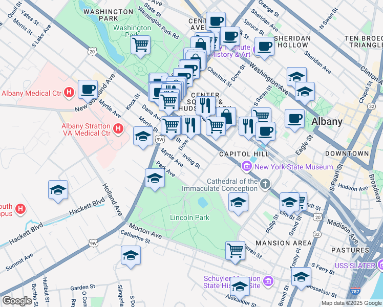 map of restaurants, bars, coffee shops, grocery stores, and more near 208 Elm Street in Albany