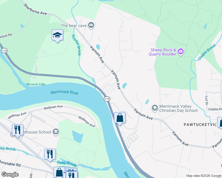 map of restaurants, bars, coffee shops, grocery stores, and more near 1431 Pawtucket Boulevard in Lowell