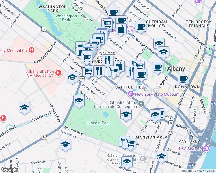 map of restaurants, bars, coffee shops, grocery stores, and more near 128 Jefferson Street in Albany