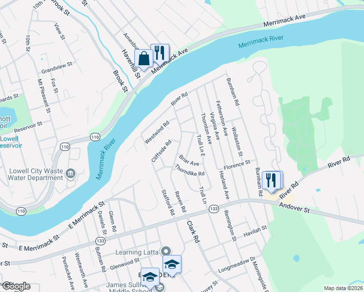 map of restaurants, bars, coffee shops, grocery stores, and more near 158 Raven Road in Lowell