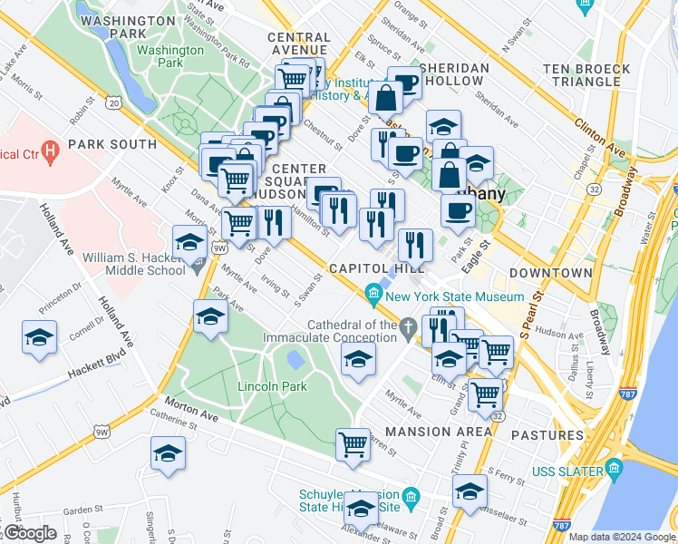 map of restaurants, bars, coffee shops, grocery stores, and more near 315 Madison Avenue in Albany