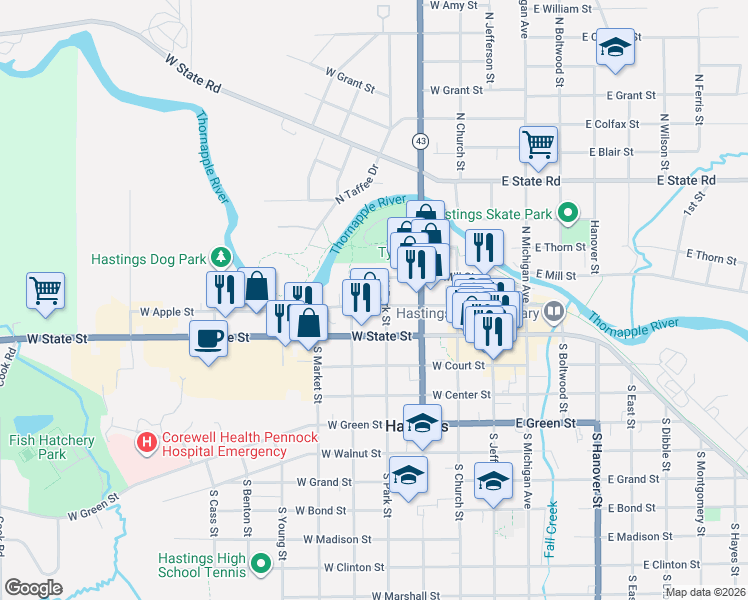 map of restaurants, bars, coffee shops, grocery stores, and more near 418 West Apple Street in Hastings