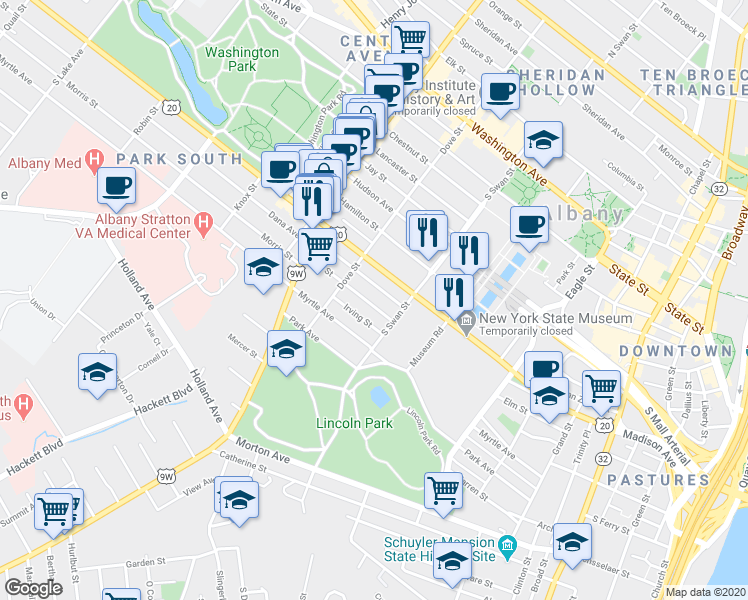 map of restaurants, bars, coffee shops, grocery stores, and more near 203 Elm Street in Albany