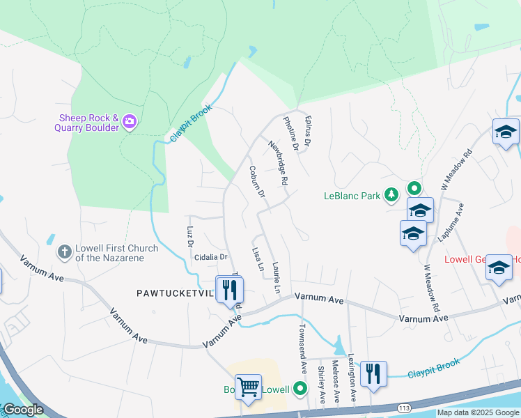 map of restaurants, bars, coffee shops, grocery stores, and more near 156 Laurie Lane in Lowell