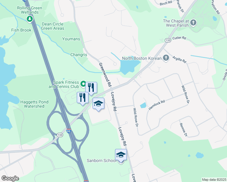 map of restaurants, bars, coffee shops, grocery stores, and more near 290 Lowell Street in Andover