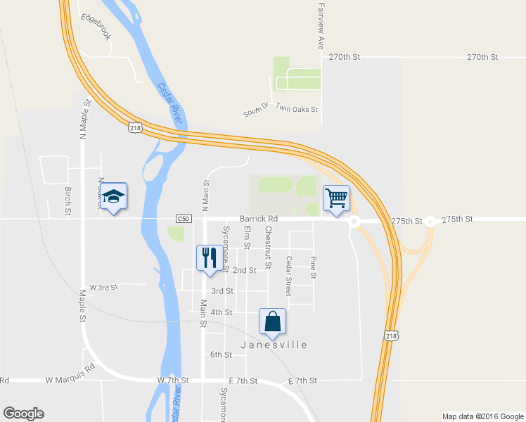 map of restaurants, bars, coffee shops, grocery stores, and more near 505 Barrick Road in Janesville