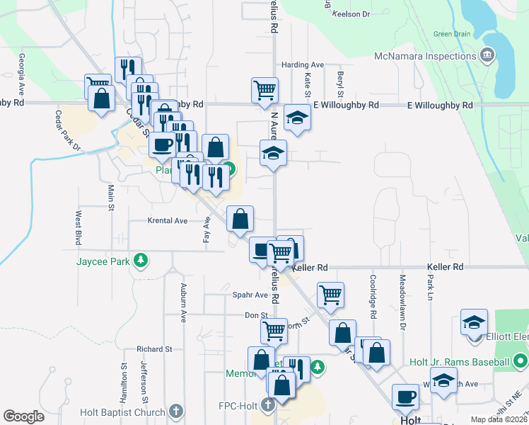 map of restaurants, bars, coffee shops, grocery stores, and more near 2320 North Aurelius Road in Delhi charter Township