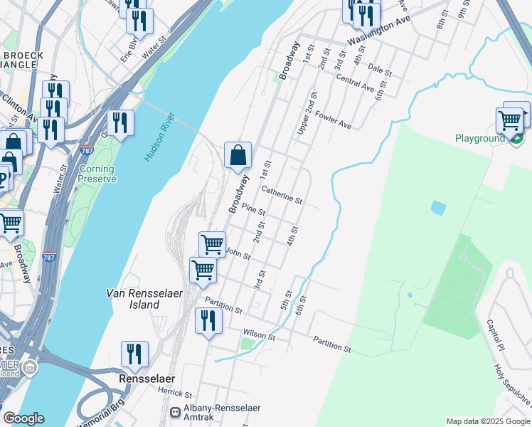 map of restaurants, bars, coffee shops, grocery stores, and more near 2nd Street & Pine Street in Rensselaer