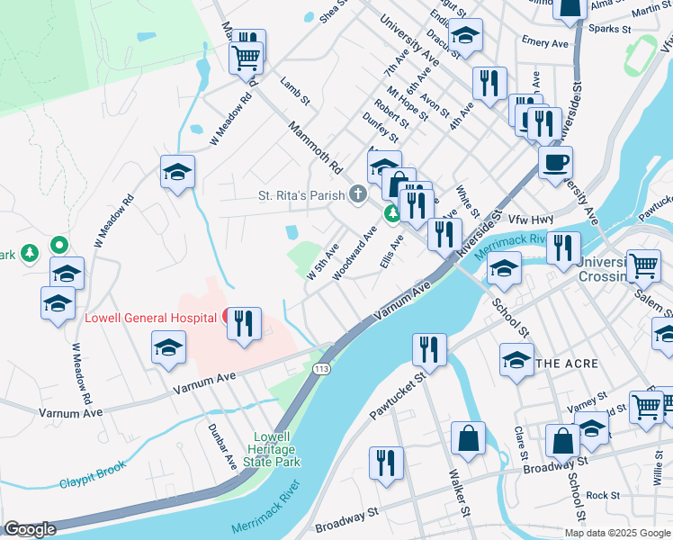 map of restaurants, bars, coffee shops, grocery stores, and more near 104 Woodward Avenue in Lowell