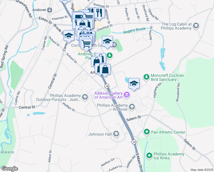 map of restaurants, bars, coffee shops, grocery stores, and more near 157 Main Street in Andover