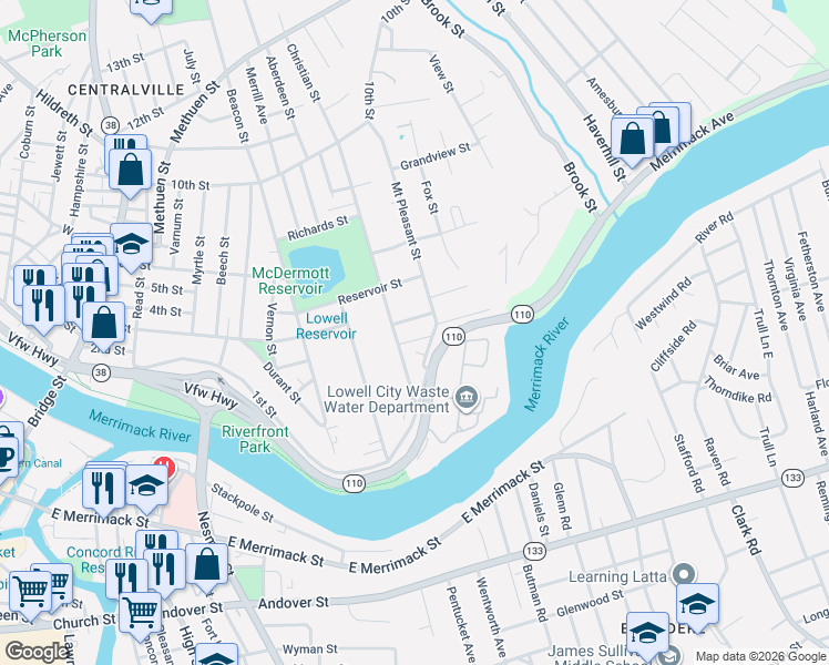 map of restaurants, bars, coffee shops, grocery stores, and more near 4 Bradley Street in Lowell