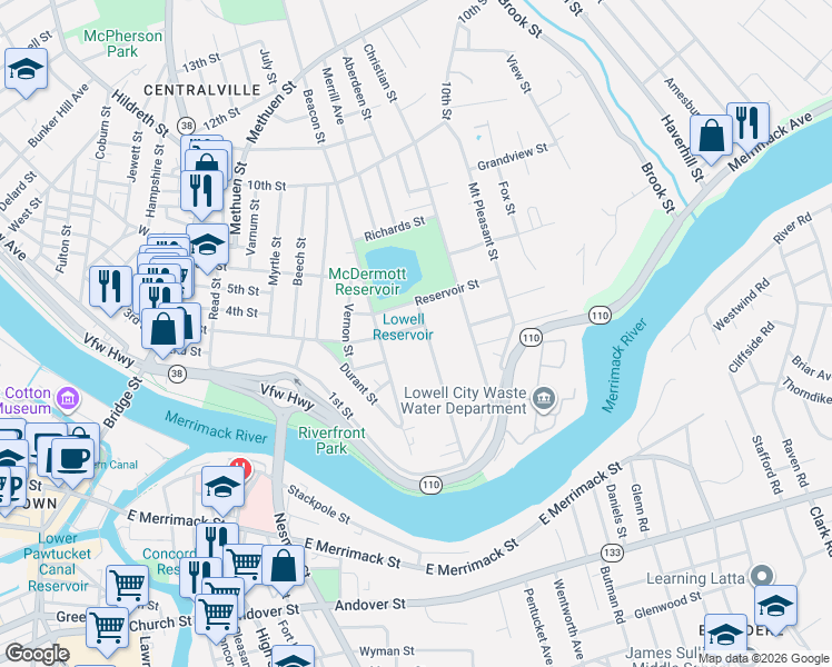 map of restaurants, bars, coffee shops, grocery stores, and more near 116 Llewellyn Street in Lowell