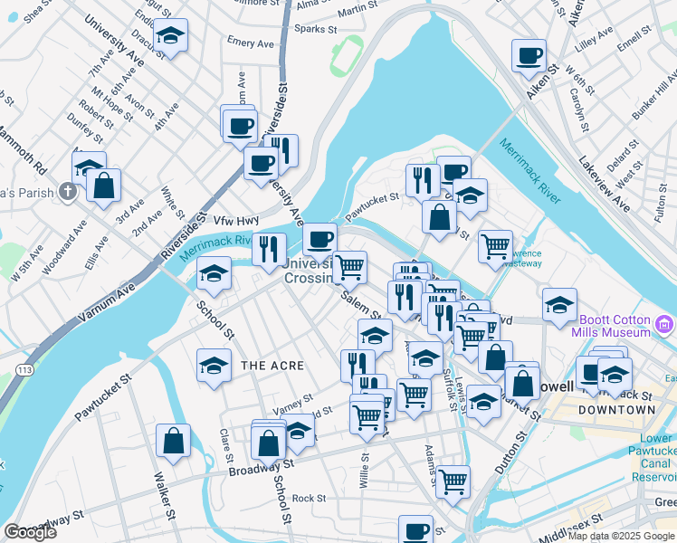 map of restaurants, bars, coffee shops, grocery stores, and more near 252 Salem Street in Lowell