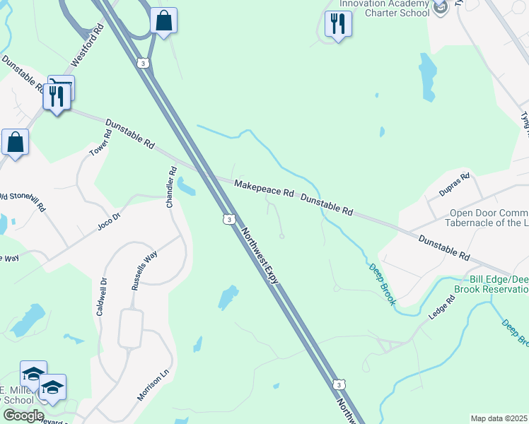 map of restaurants, bars, coffee shops, grocery stores, and more near 7 Coopers Way in Westford