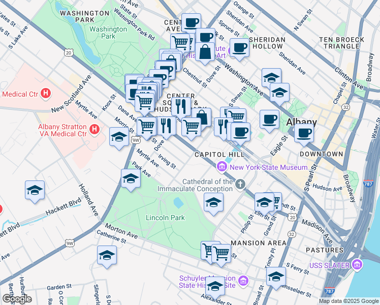 map of restaurants, bars, coffee shops, grocery stores, and more near in Albany