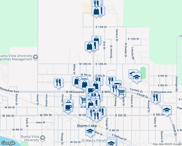 map of restaurants, bars, coffee shops, grocery stores, and more near 104 East 9th Street in Storm Lake