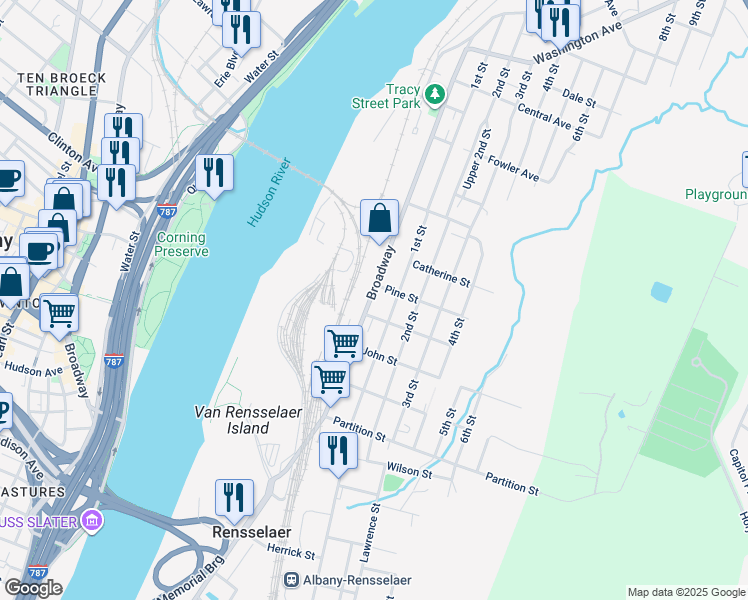 map of restaurants, bars, coffee shops, grocery stores, and more near 1126 Broadway in Rensselaer