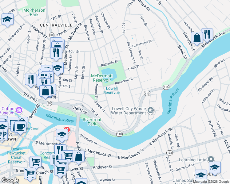 map of restaurants, bars, coffee shops, grocery stores, and more near 116 Llewellyn Street in Lowell
