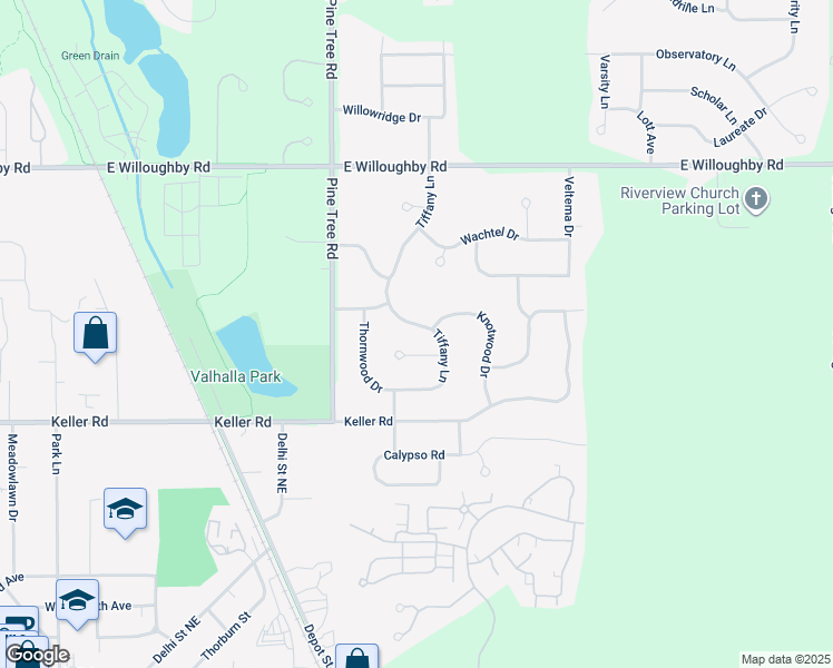 map of restaurants, bars, coffee shops, grocery stores, and more near 2295 Tiffany Lane in Delhi charter Township