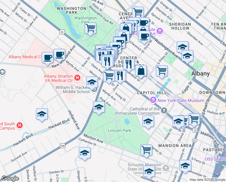 map of restaurants, bars, coffee shops, grocery stores, and more near Dove Street & Irving Street in Albany