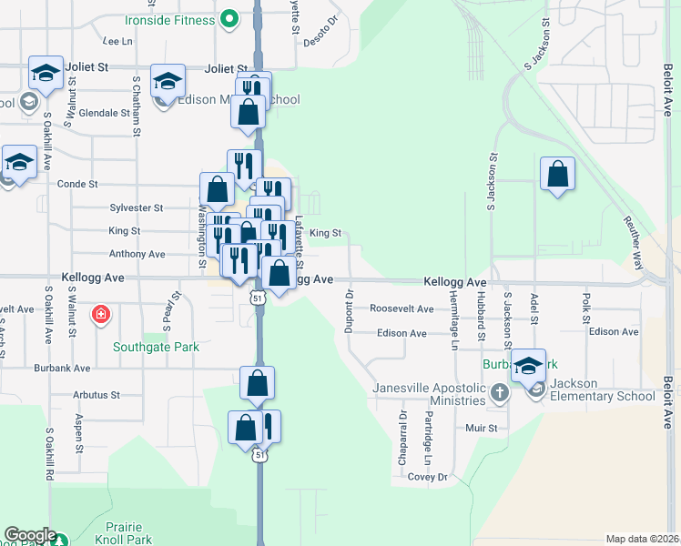 map of restaurants, bars, coffee shops, grocery stores, and more near 806 Kellogg Avenue in Janesville