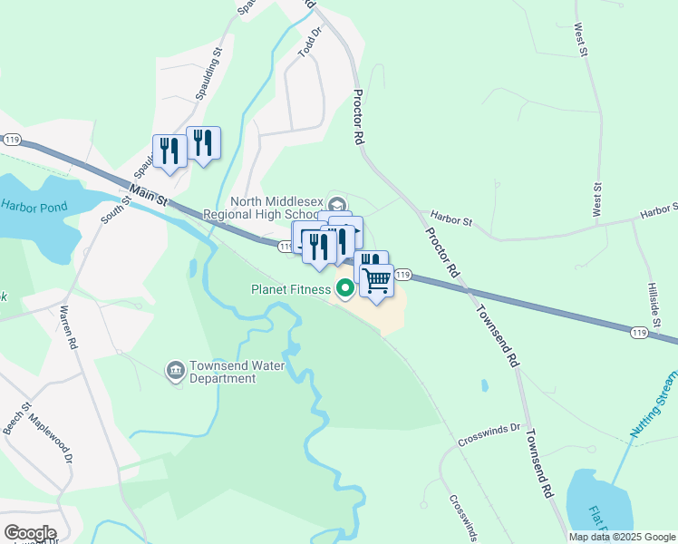 map of restaurants, bars, coffee shops, grocery stores, and more near 22 Main Street in Townsend