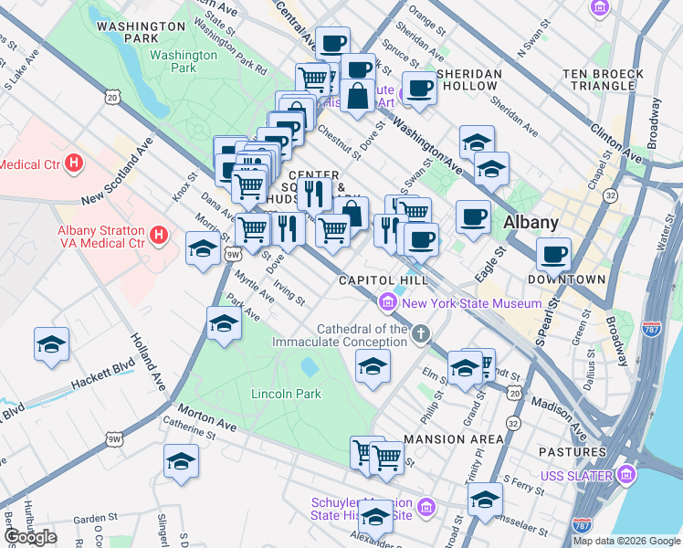 map of restaurants, bars, coffee shops, grocery stores, and more near Madison Ave & S Swan St in Albany